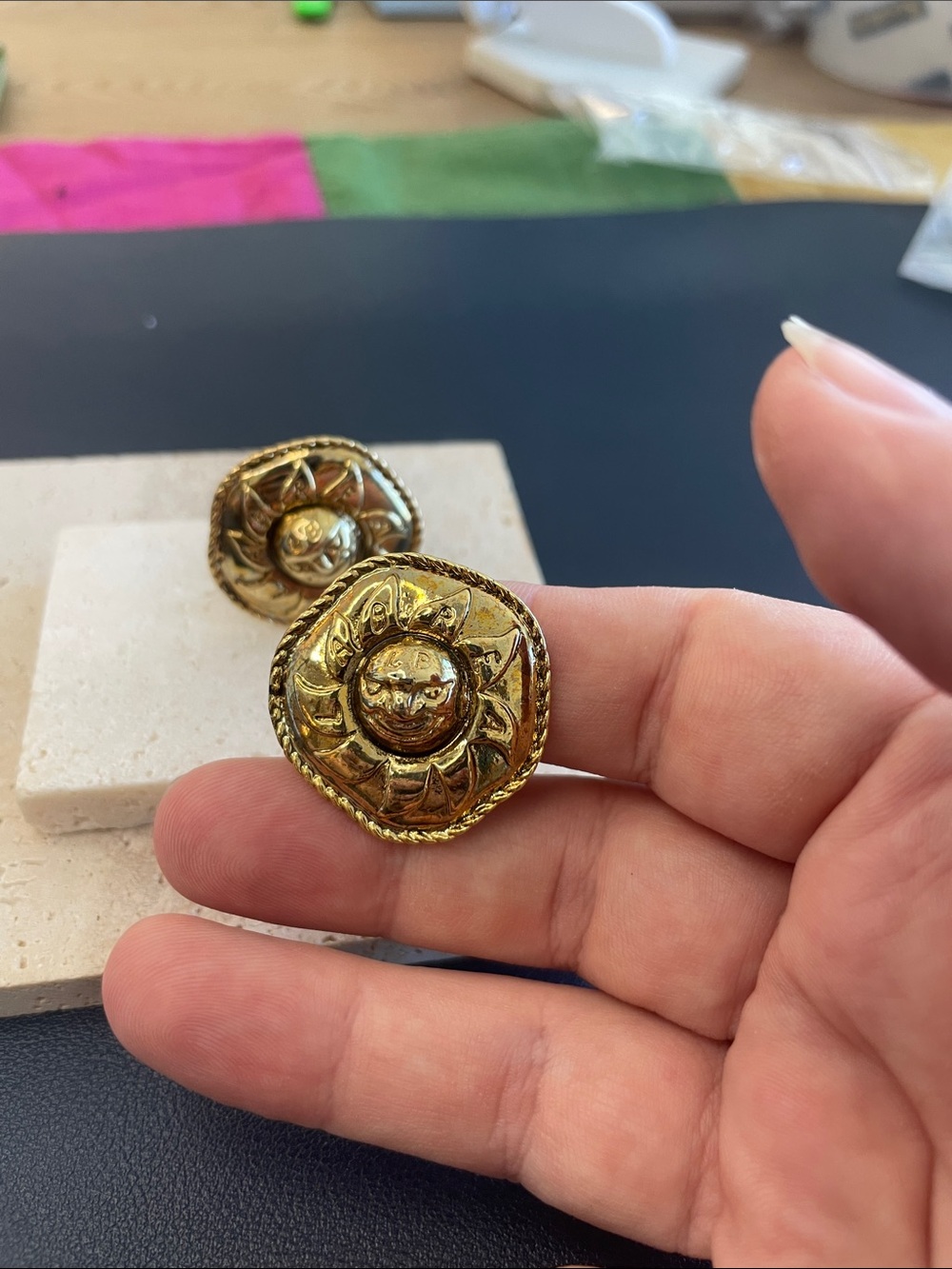 Vintage Gold Sunburst Clip On Earrings Sourced in Japan Statement Jewelry - Picture 2 of 4